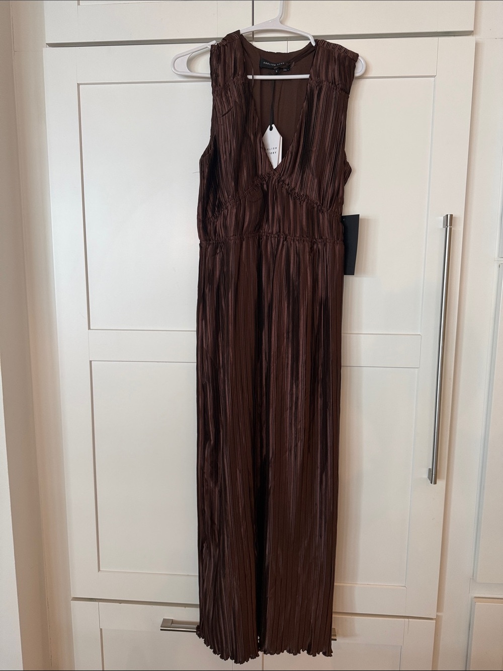 English Factory Pleated V-Neck Formal Dress in Chocolate Brown